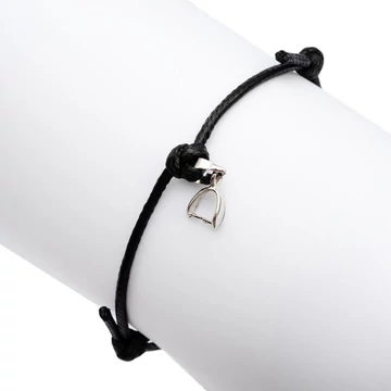 Viaszolt kord csúszócsomós karkötő, fekete, medáltartóval, állítható 13-24 cm