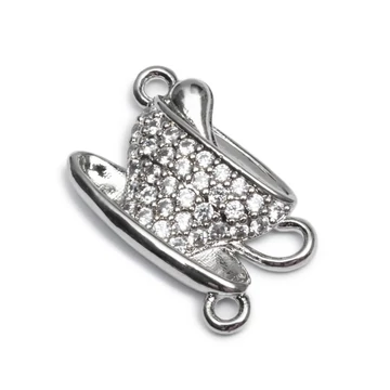 Cubic cirkónia kávés csésze ezüst alapon fehér, köztes dísz, 10x15 mm (1 db)