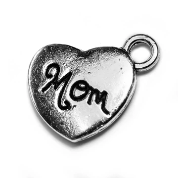 Mom feliratos szív medál, nikkelmentes, kb. 18x15x3 mm