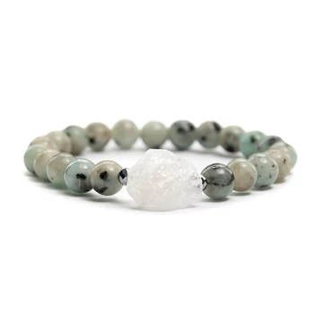 Szezámkő gumis ásvány karkötő, nyers hegyikristállyal, 8mm