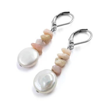 Tenyésztett gyöngy és pink opál fülbevaló, nemecacél szerelékkel