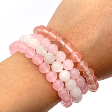 Fehér jáde, rózsaszín színezett jáde és cseresznyekvarc 4 db-os karkötő szett, 8 mm, 17 cm