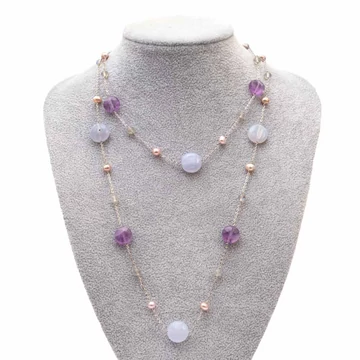 Divatnyaklánc, kalcedon, amtiszt, tenyésztett gyöngy, labradorit, kb. 100 cm