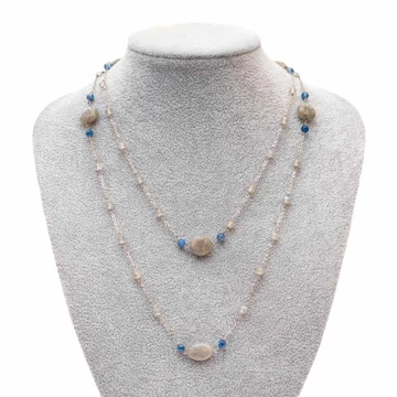 Divatnyaklánc, labradorit, színezett kék kvarc, végtelen, kb. 100 cm