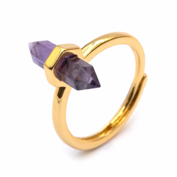 Ametiszt hexagonális kristály gyűrű, réz, állítható, arany szín, 16x7 mm