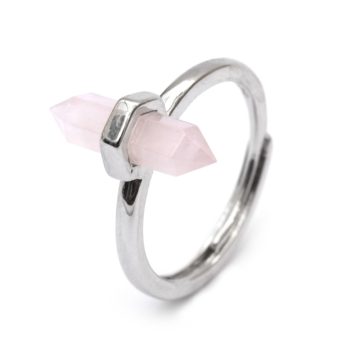 Rózsakvarc hexagonális kristály gyűrű, réz, állítható, ezüst szín, 16x7 mm