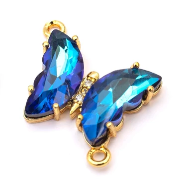 Pillangó összekötő elem, kék, fazettált, arany szín, 15x19 mm, 1 db