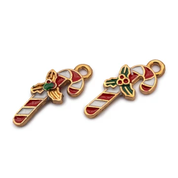 Karácsonyi cukorpálca, arany színű, zománcos medál, 19x7 mm (2 db)