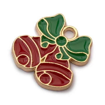 Karácsonyi dupla harang, piros-zöld, arany színű,zománcos medál, 16x15 mm (1 db)