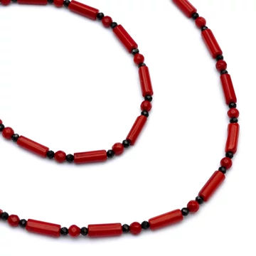 Bambuszkorall henger és fekete spinel nyaklánc (45 cm) és karkötő (18 cm) szett