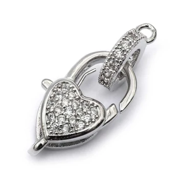 Karabíner, szív, cseh micro pave, réz alap, ródium szín, 10x16 mm, 1 db