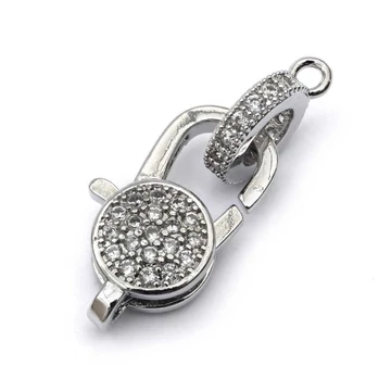 Karabíner, cseh micro pave, réz alap, ródium szín, 10x15 mm, 1 db