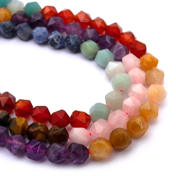 Vegyes golyós szál, csillag csiszolású, fazettált, 8x7 mm, kb. 38 cm