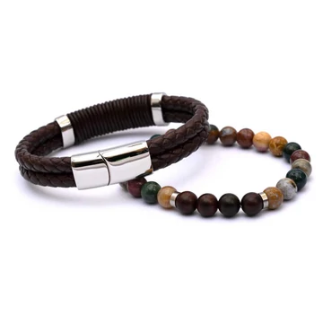 Óceánjáspis és fa férfi ásvány karkötő szett (2 db)