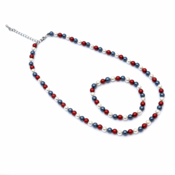 Shell pearl és Preciosa nyaklánc és katkötő szett, kék, fehér, piros, 6 mm,  45 cm, 17 cm