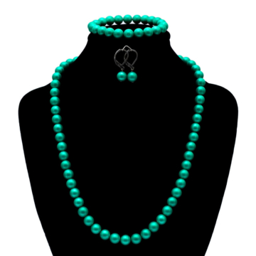 Shell pearl nyaklánc, katkötő és fülbevaló garnitúra, zöld, 45 cm, 17 cm