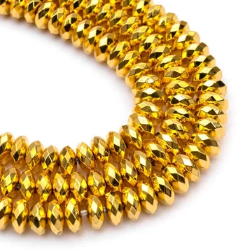 Hematit button szál, aranyozott, 18K, fazettált, 5x8 mm, kb. 38 cm