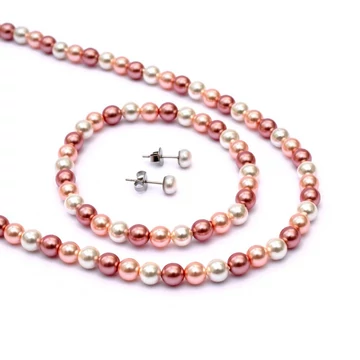 Preciosa és shell pearl (rózsaszín) nyaklánc, karkötő, fülbevaló garnitúra, 6 mm, 45 cm lánc