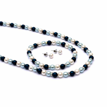 Preciosa és shell pearl (kék) nyaklánc, karkötő, fülbevaló garnitúra, 6 mm, 45 cm lánc