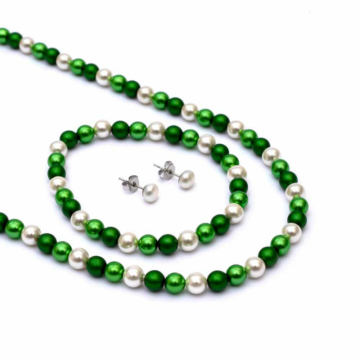 Preciosa és shell pearl (zöld és fehér) matt és fényes garnitúra, 6 mm, 45 cm lánc