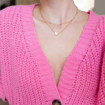 Nemesacél nyaklánc arany színű, 2 soros, szív medálos lánchosszabbítóval, 39+5 cm