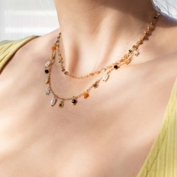 Nemesacél nyaklánc arany színű, 2 soros, színes gyöngyös-csillaggal lánchosszabbítóval, 39+5 cm