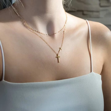 Nemesacél nyaklánc arany színű, 2 soros, 3 kereszt medállal lánchosszabbítóval, 39+5 cm