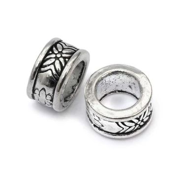 Kerek köztes dísz, mintás, antik ezüst szín, 8x4 mm, 10 db