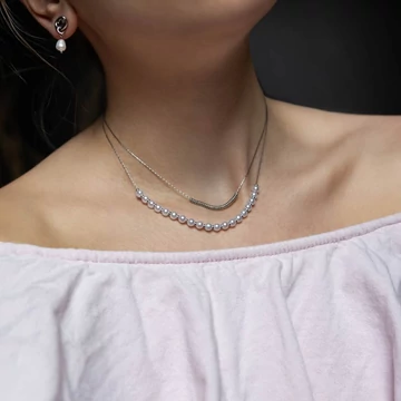 Nemesacél nyaklánc ezüst színű, 2 soros, gyöngyös lánchosszabbítóval, 39+5 cm