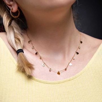 Nemesacél nyaklánc arany színű, pici szivecskés-köves, lánchosszabbítóval, 40+5 cm