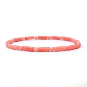 Bambuszkorall női gumis ásvány karkötő, henger és fazettált golyó, rózsaszín, 3,5 mm, 16 cm