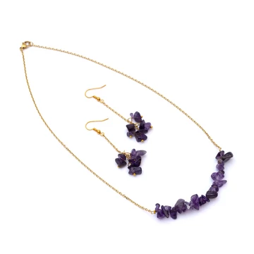 Ametiszt törmelékköves (arany szín) nemesacél nyaklánc és fülbevaló (kb. 50 cm)