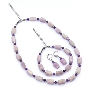 Kunzit ametiszt és hematit nyaklánc karkötő és fülbevaló garnitúra, henger, 8 mm, 40+5 cm, 17cm+5 cm