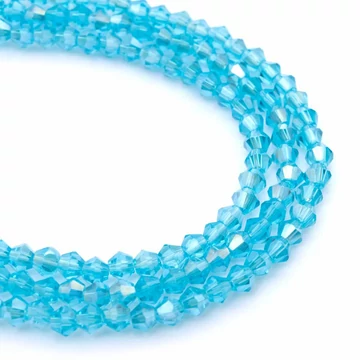 Kristály fazettált bicone szál, világoskék AB, 4 mm, kb. 35 cm, 92-96 szem/szál