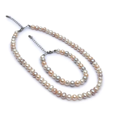 Potato (multicolor) "A" tenyésztett gyöngy szett nemesacél szerelékkel, 7-7,5 mm, kb.40 és 17 cm