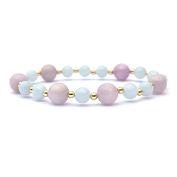 Kunzit és akvamarin női gumis ásvány karkötő, 6-8 mm, 15 cm