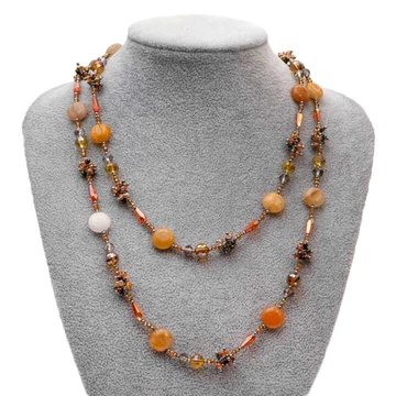 Divatnyaklánc, színezett jáde, kristályüveg, narancssárga, végtelen, kb. 100 cm