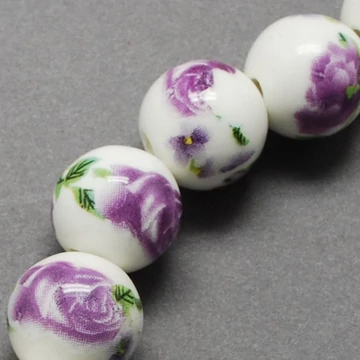 Porcelán gyöngy fehér alapon lila orhidea virág mintával, 8 mm (10 db)