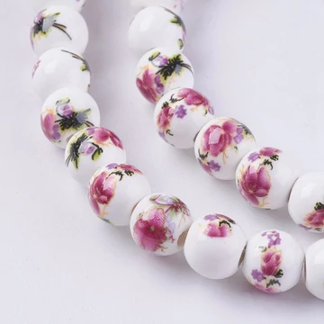 Porcelán gyöngy fehér alapon rózsaszín virágcsokor mintával, 8 mm (5 db)