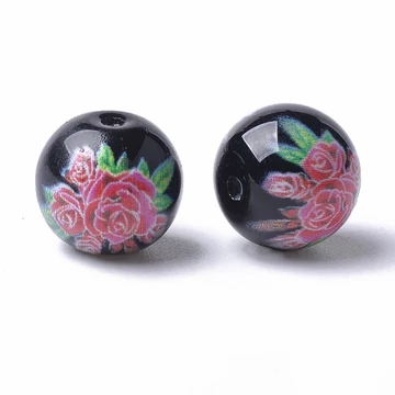 Festett üveggyöngy fekete alapon bazsarózsa mintával 8 mm (5 db)