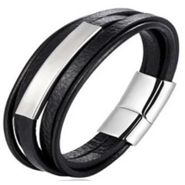 Férfi bőr karkötő, fekete nemesacél, platina színű betéttel, mágnes kapoccsal, 21 cm