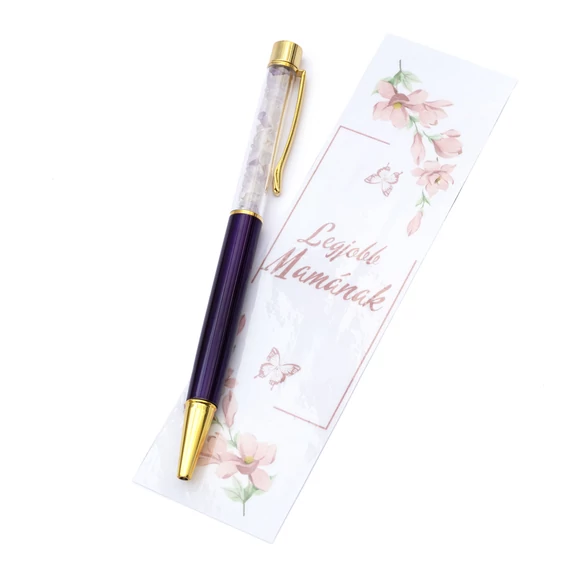 Golyóstoll, ametiszt, lila-arany szín, Legjobb Mamának kísérőkártyával, virágos
