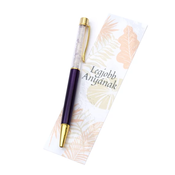 Golyóstoll, ametiszt, lila-arany szín, Legjobb Anyának kísérőkártyával, leveles