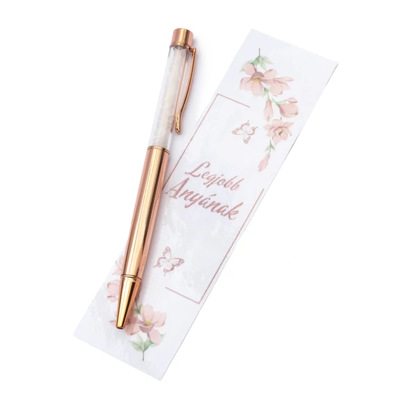 Golyóstoll, rózsakvarc, rosegold szín, Legjobb Anyának kísérőkártyával, virágos