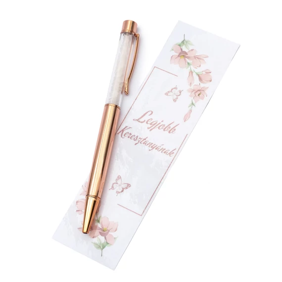Golyóstoll, rózsakvarc, rosegold szín, Legjobb keresztanyának kísérőkártyával, virágos
