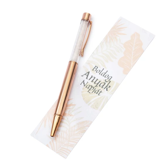 Golyóstoll, rózsakvarc, rosegold szín, Boldog Anyák Napját kísérőkártyával, leveles