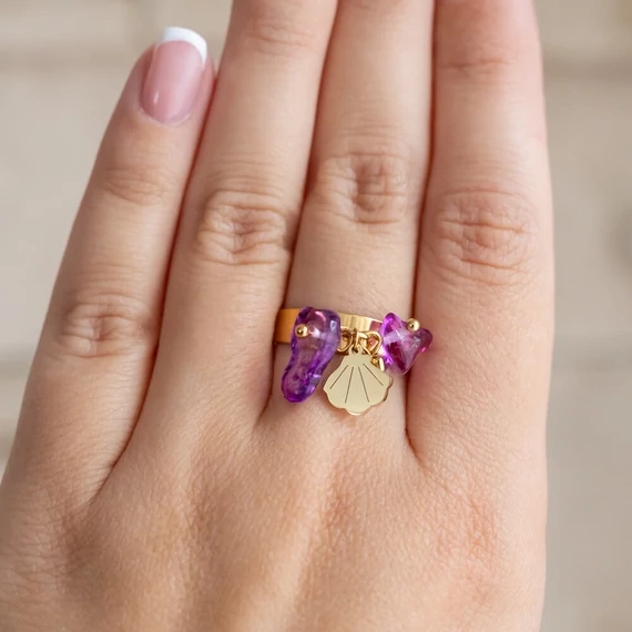 Nemesacél lila kristály gyűrű, állítható, arany szín, kb.17,5 mm