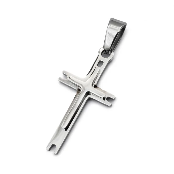 Nemesacél kereszt medál, vékony, dupla mintás 27x15x3 mm, 1 db