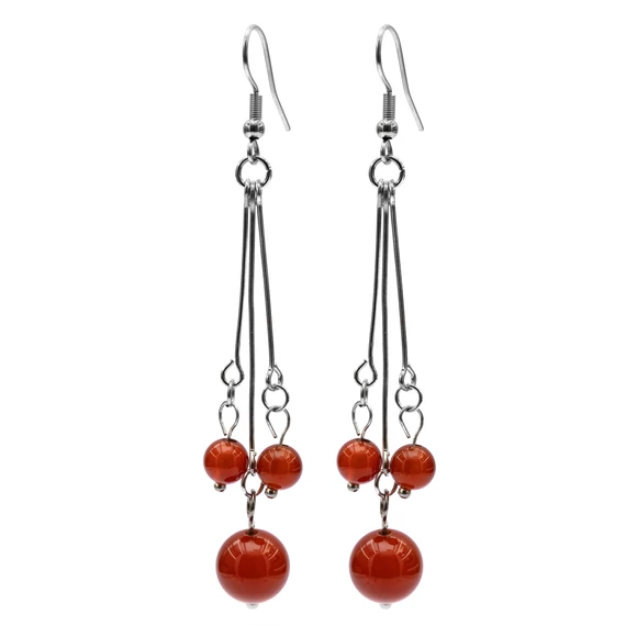 Karneol 3 golyós, lógós fülbevaló, kb. 60-70 mm