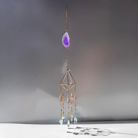 Lakásdekor, achátlapos (festett) és ametiszt üveggel kb. 55x8 cm